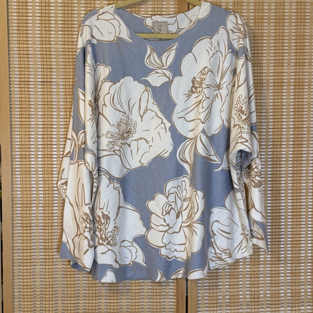 Sioni Women 3X Sweater Dolman Floral‎ Blue White Long Sleeve Coastal Cottagecore